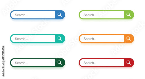 Collection of colorful rounded search bar UI elements with magnifying glass icons for web design and user interface applications