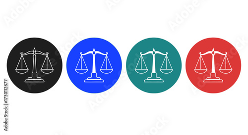 Symbolic Scales of Justice Representing Fairness Equality and Legal Balance in Different Colored Circles