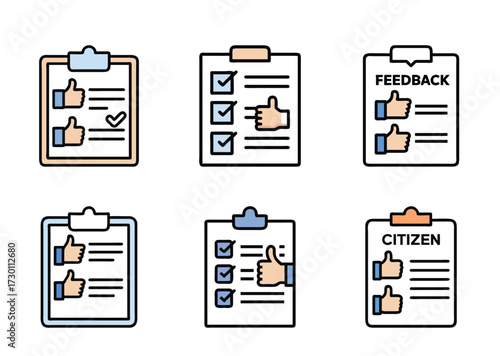 Collection of Clipboard Icons Representing Feedback, Checklists, and Citizen Satisfaction