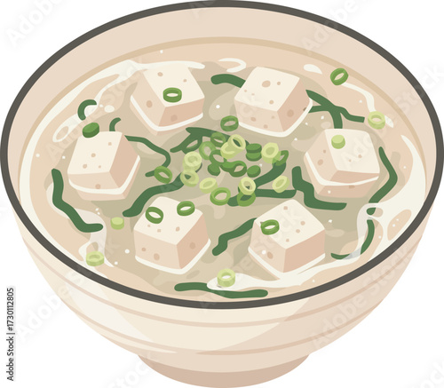 A close-up illustration of a bowl filled with miso soup, featuring tofu and green onions.