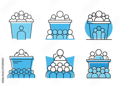 Illustrations showing speaker and audience setups for presentations or conferences vector
