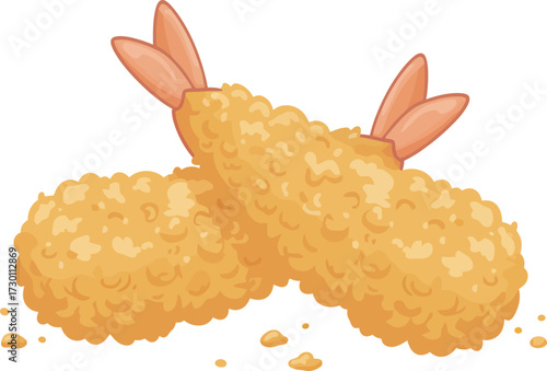 Two pieces of golden-brown, crispy tempura shrimp are displayed with their tails visible, resting on a white surface.