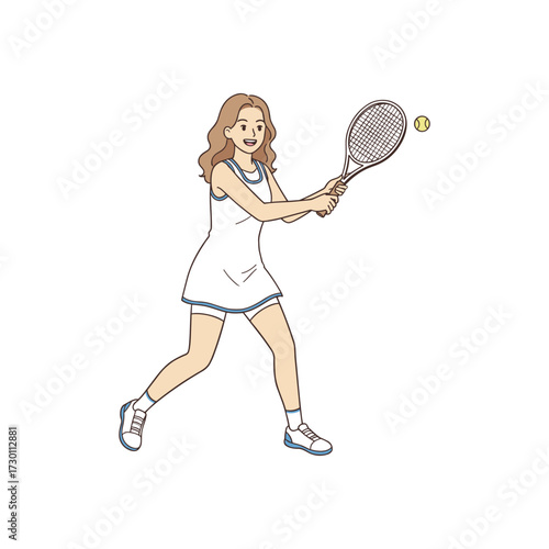 Young woman tennis player hitting the ball with a racket during a match. Female athlete in action pose playing a sports game. Vector illustration on white background.