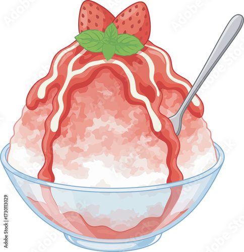 Illustration of shaved ice dessert with strawberry topping, sauce, mint leaves, and a spoon in a glass bowl.