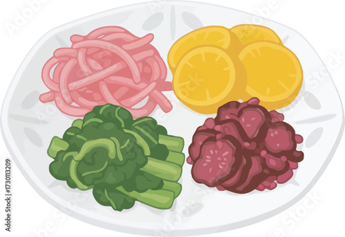 A plate of colorful pickled vegetables, including pink ginger, yellow radish, green leafy vegetables, and dark red beets.