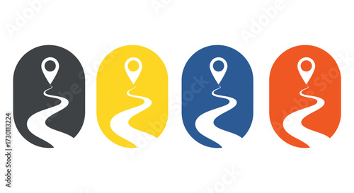Four colorful icons depicting a road leading to a destination pin each representing different routes and journeys