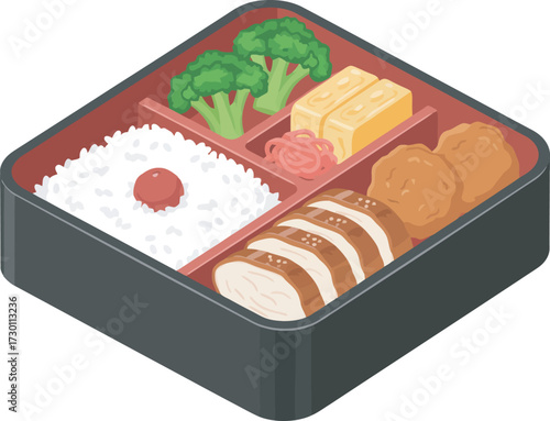 An illustrated bento box featuring rice, chicken, broccoli, and other delicious Japanese food items.