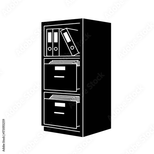 Black silhouette of a filing cabinet with binders and folders isolated on transparent background