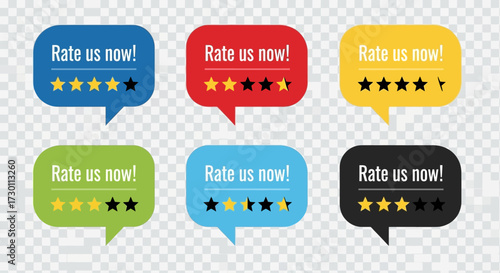 Encouraging Customer Feedback Through Star Ratings and Call to Action in Various Colored Speech Bubbles