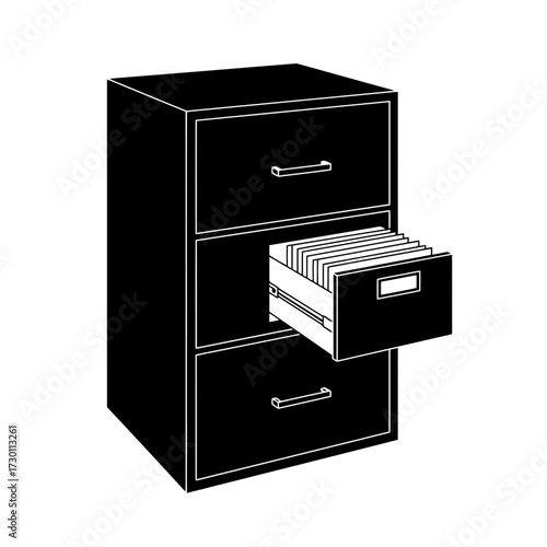 Black three drawer filing cabinet with one drawer open showing files isolated on transparent background