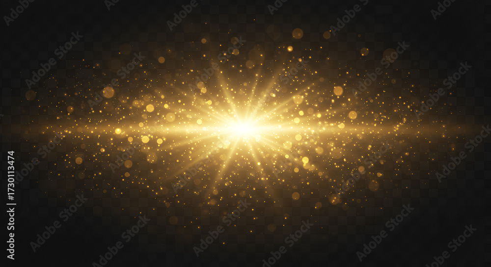 Obraz premium Golden light effect with sparkles and glitters on a dark transparent background