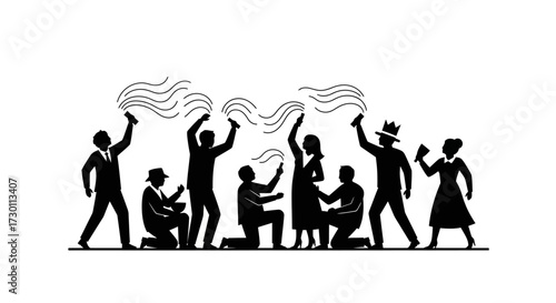 A Diverse Group of Silhouetted People Engaged in Expressive Gestures and Holding Abstract Wavy Shapes High Above Their Heads Representing Ideas or Movement
