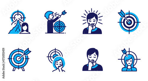 Visualizing the emotional toll and challenges of aiming for goals and facing setbacks with illustrated icons depicting targets and frustrated individuals