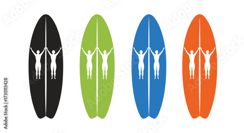 Four Colorful Surfboards Each Depicting Silhouettes of Three People Holding Hands Together Reaching Upwards in a Celebratory Manner