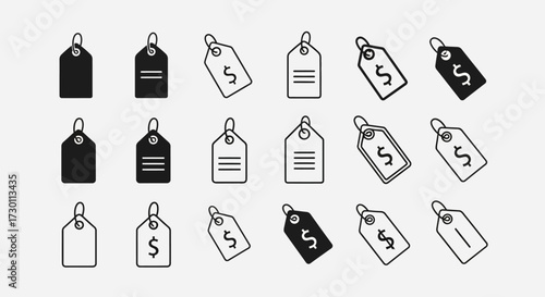 Collection of Various Price Tags and Labels in Outline and Silhouette Style for Retail and Marketing Applications