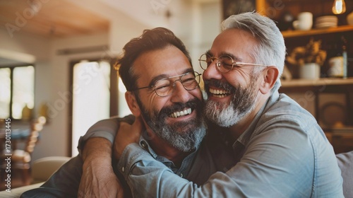 Two people share a warm embrace in a cozy home setting.