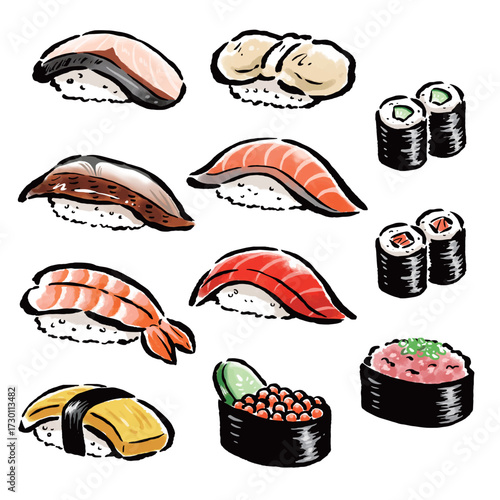 色々なお寿司　筆タッチ手描きイラスト