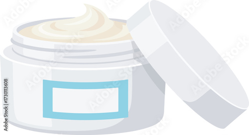 A jar of cosmetic cream, with the lid open, showing the product's texture and design.