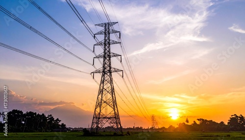 Electric tower and transmission lines at sunset in Indonesia, symbol of national electricity and energy infrastructure