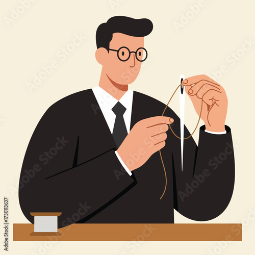 Man in suit threading a needle, spool on table, flat illustration
