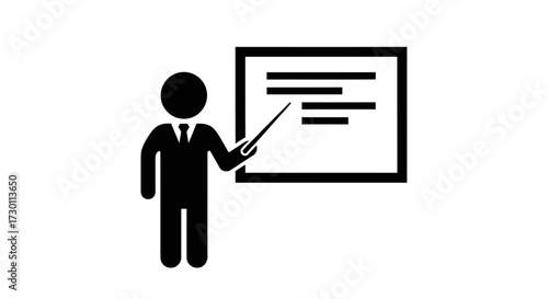 A Business Person in a Suit Points to a Whiteboard with Text Indicating a Presentation or Lecture in Progress