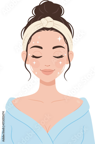 Woman with closed eyes wearing a headband and robe, with sparkles on her face.