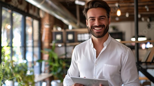 Man holding a tablet in a modern office environment.