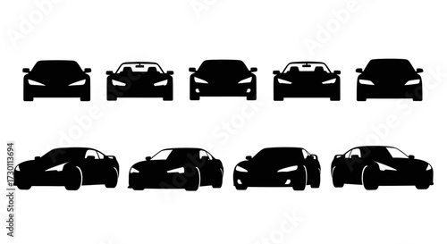 Collection of Silhouettes of Modern Sports Cars Viewed from the Front and Side Representing Automotive Design and Performance