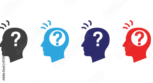 Four Colorful Human Head Icons Featuring a Question Mark Inside Representing Confusion or Uncertainty