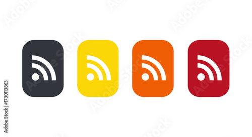 Set of Four Rounded Square Icons Featuring the RSS Feed Symbol in Different Vibrant Colors Including Black Yellow Orange and Red