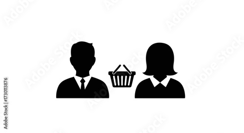 Icon Representing A Man And A Woman Standing Next To Each Other With A Shopping Basket In The Middle Symbolizing Customer Service