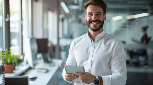 Man holding a tablet in a modern office environment.