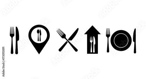 Dining Icons Representing Various Aspects of Food Service and Hospitality Businesses Including Location and Takeout Options