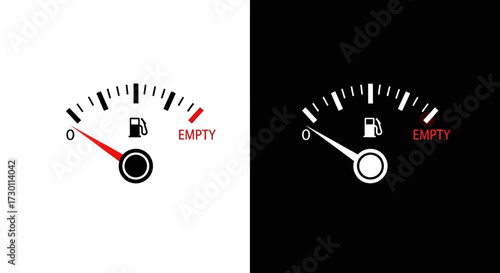 Fuel Gauge Indicator Showing Empty or Low Fuel Levels on White and Black Backgrounds Illustrating Vehicle Status