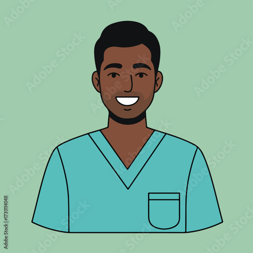Man in blue scrubs with a friendly smile on a light green background