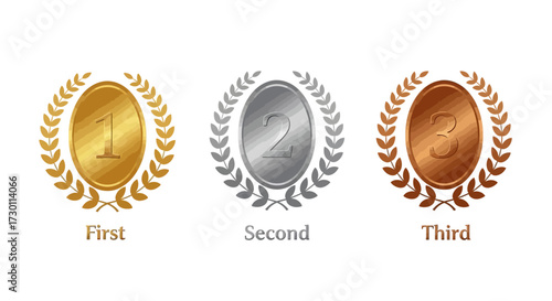 Award Medals for First Second and Third Place Winners Displayed with Laurel Wreaths Signifying Achievement and Excellence in Competitions