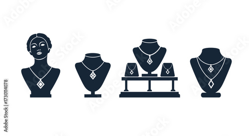 Collection of elegant necklaces displayed on various stands and a bust showcasing luxury jewelry pieces for sale