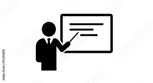 An individual in formal attire points at a presentation board displaying text and lines representing information or data suitable for educational purposes