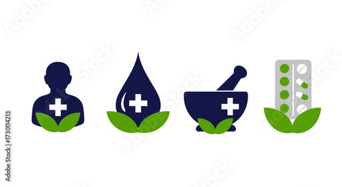 Set of Healthcare Icons Representing Natural Medicine Pharmacy and Medical Care Solutions