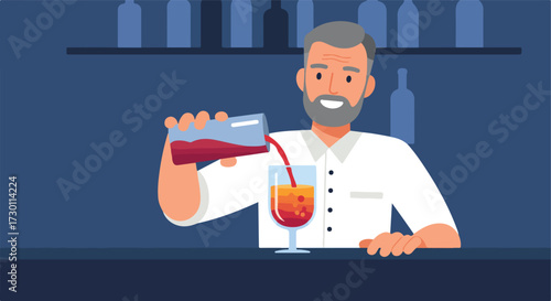 Bartender pours a layered drink into a glass against a blue backdrop