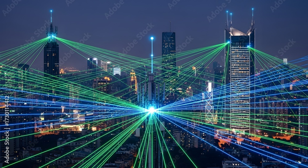 Fototapeta premium Futuristic city skyline at night with glowing fiber optic network connecting buildings, representing advanced communication and data transfer technology