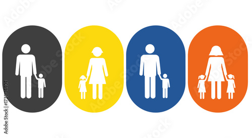 Family Icon Sets Representing Different Family Structures and Parenting Arrangements Across Various Backgrounds
