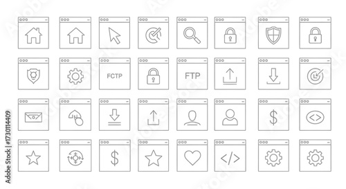 Collection of Outline Icons Representing Web Browser Features and Internet Services for Digital Interfaces and Applications