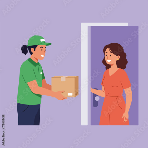Delivery person hands package to smiling woman at doorway on purple backdrop