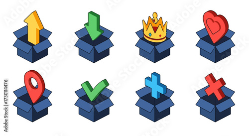 Collection of eight isometric 3D icons depicting various symbols emerging from open blue boxes representing a set of useful graphic elements for digital design and user interfaces