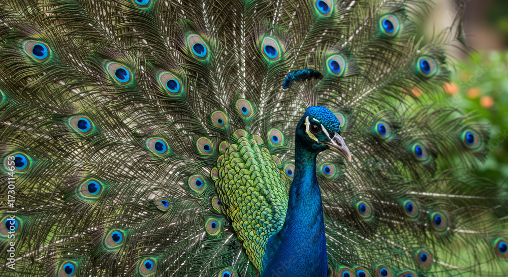 Obraz premium Majestic Peacock Displaying Its Stunning Plumage in Nature