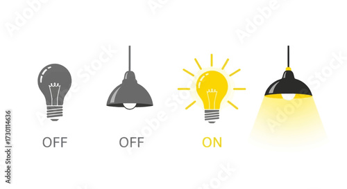 Illumination status of lamps showing off and on states with light bulbs and fixtures depicted in a clean graphic illustration