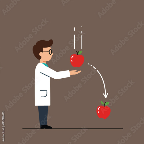 Scientist observes apple falling illustrating gravity, arrow shows trajectory