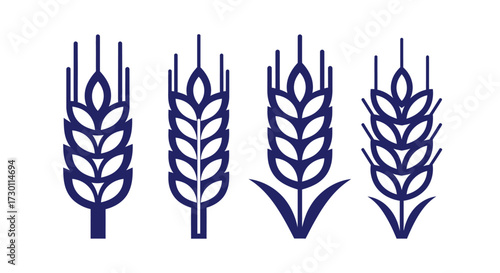 Set of four abstract stylized illustrations of wheat ears in dark blue against a white background representing agriculture food and harvest themes