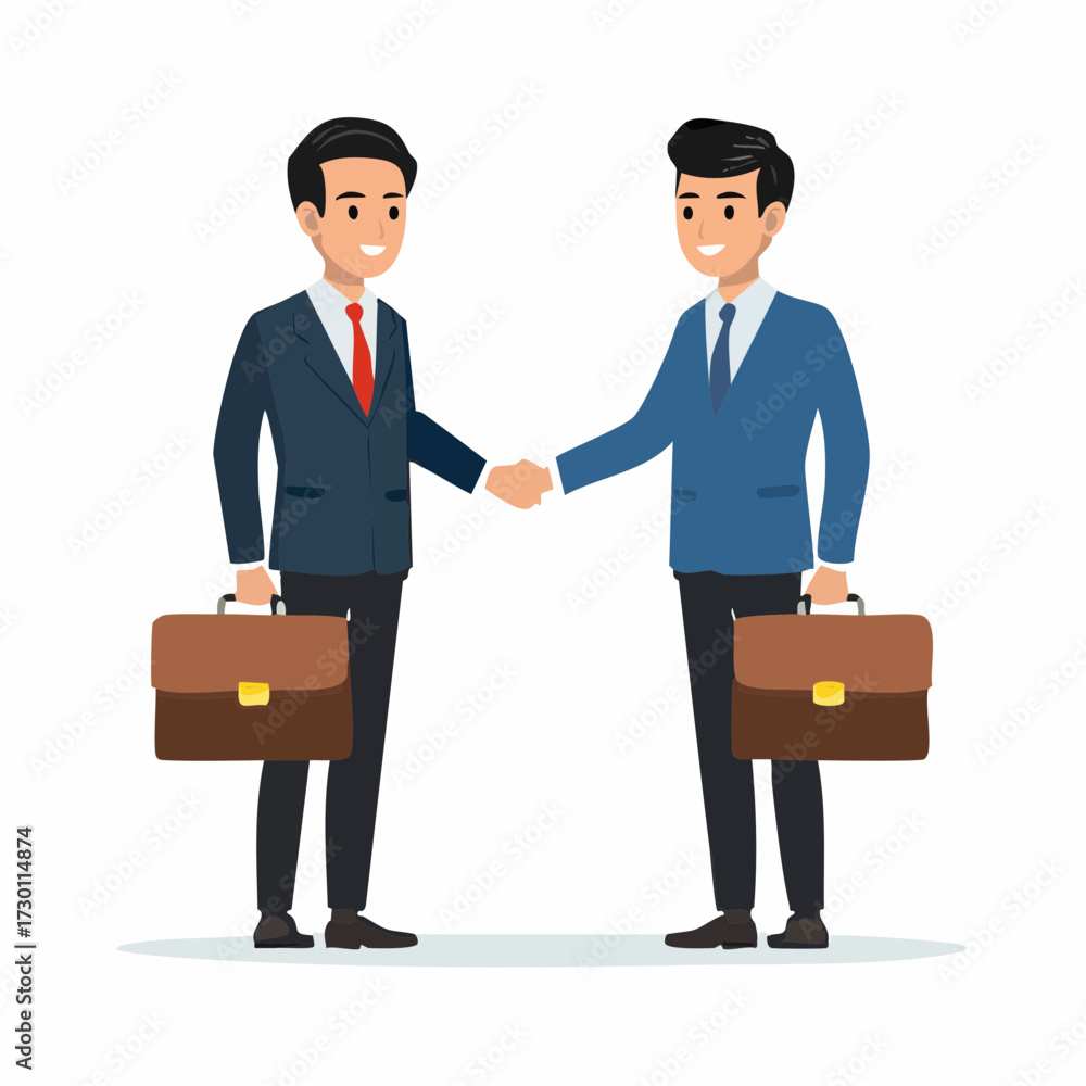 Obraz premium Two businessmen in suits shake hands, holding briefcases, symbolizing a deal or partnership.